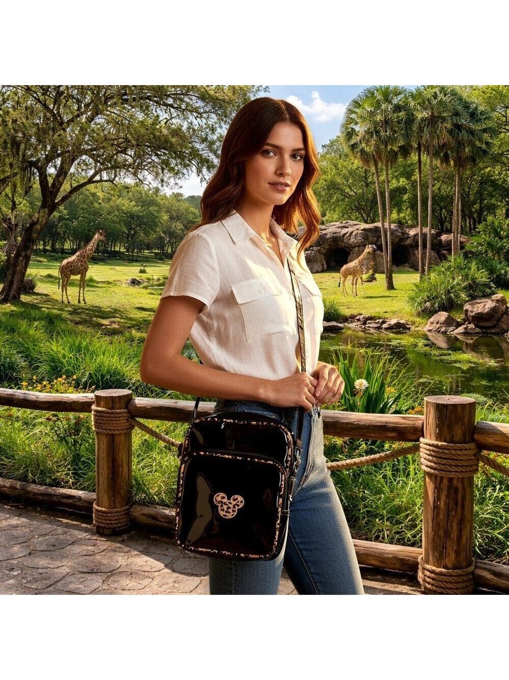 Disney Animal Kingdom Black Crossbody Bag | Leopard Trim Mickey | Zippered